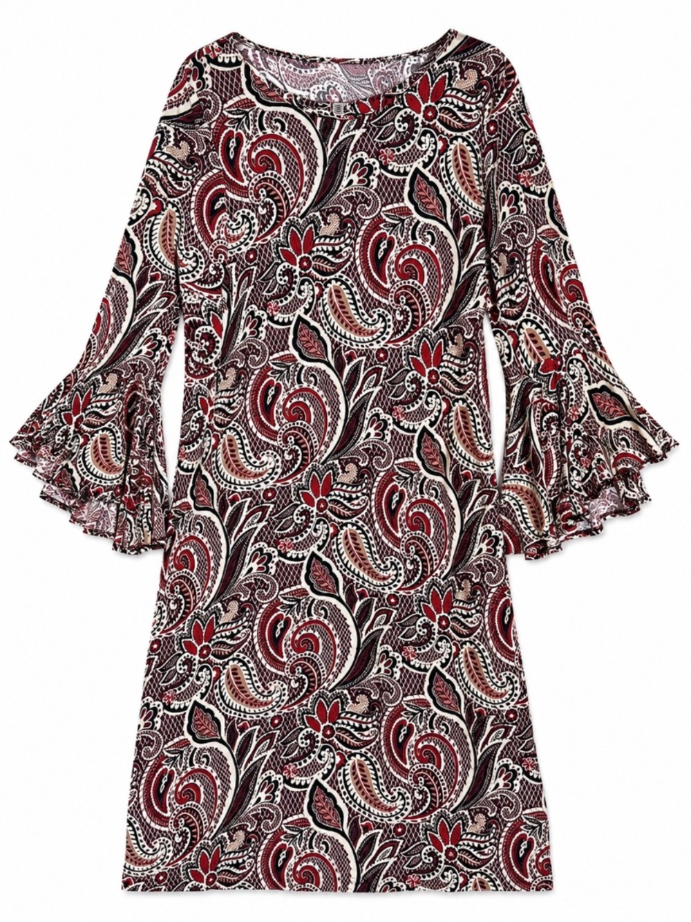 Shelby & Palmer Long-Sleeve Paisley Dress in Burgundy, Black and Cream